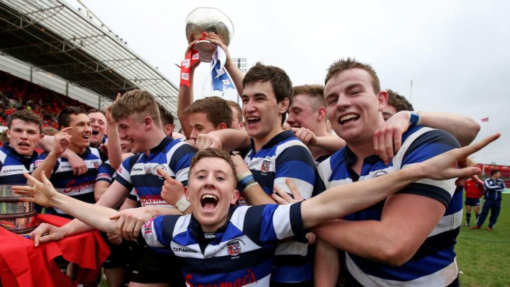 The Crescent College team celebrates after winning the SEAT Munster Schools Senior Cup Final, Thomond Park, Limerick, yesterday. Photograph: Dan Sheridan/Inpho