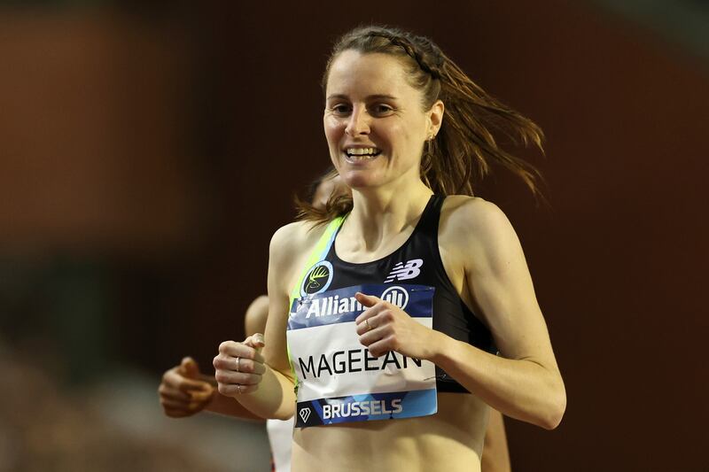 Ciara Mageean of Ireland celebrates victory following women's 1500m during the Allianz Memorial Van Damme 2022, part of the 2022 Diamond League series. Photograph: Alexander Hassenstein/Getty