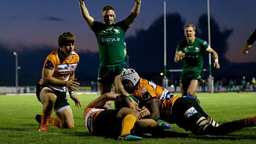 Connacht’s Tom Farrell scores a try during the Pro14 win over Cheetahs. Photo: Tommy Dickson /Inpho