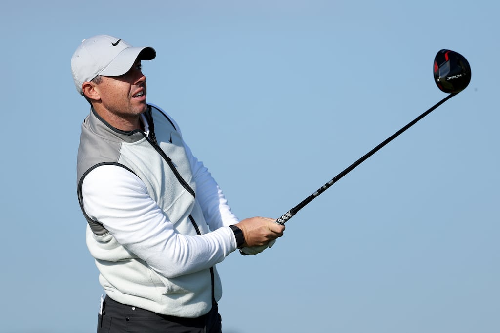 Rory McIlroy of Northern Ireland tees off on the 15th hole at Carnoustie. Photograph: Richard Heathcote/Getty