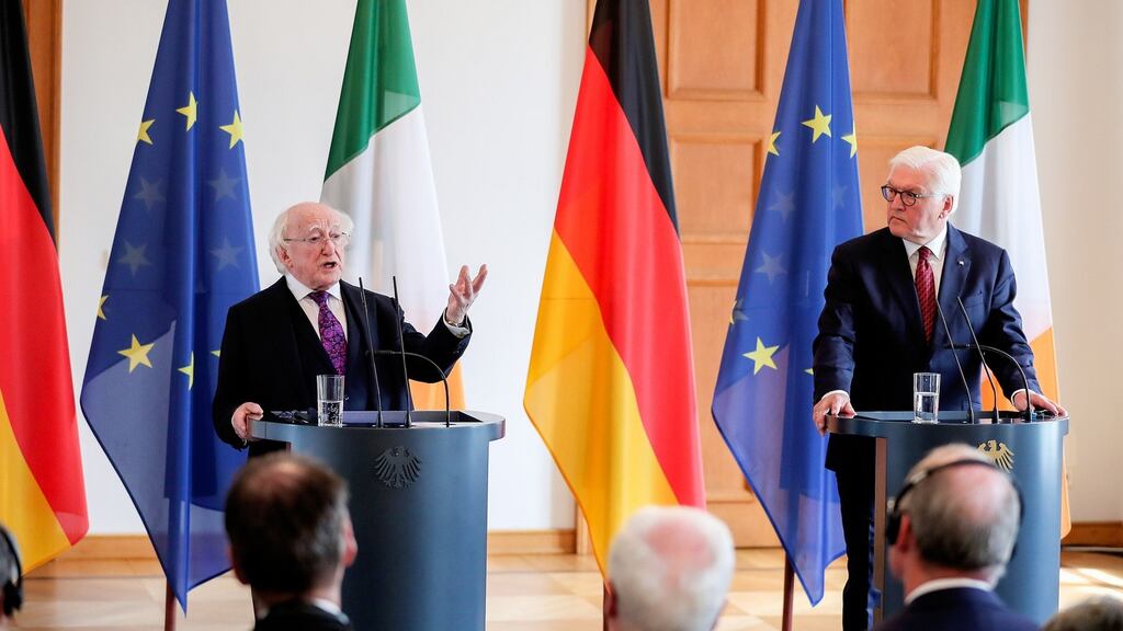 President Michael D Higgins’s 2019 state visit to Germany was such a success that his German counterpart (and Rory Gallagher fan) Frank Walter Steinmeier, right, was all set to return the visit last year – warp speed in diplomatic terms – until the virus intervened. Photograph: Maxwell’s