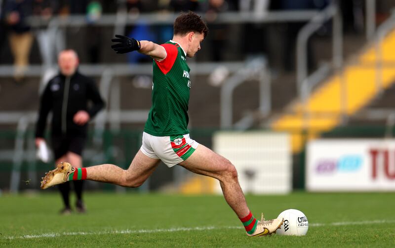 Ben O’Carroll of St Brigid's scores a penalty against Corofin. Photograph: Inpho