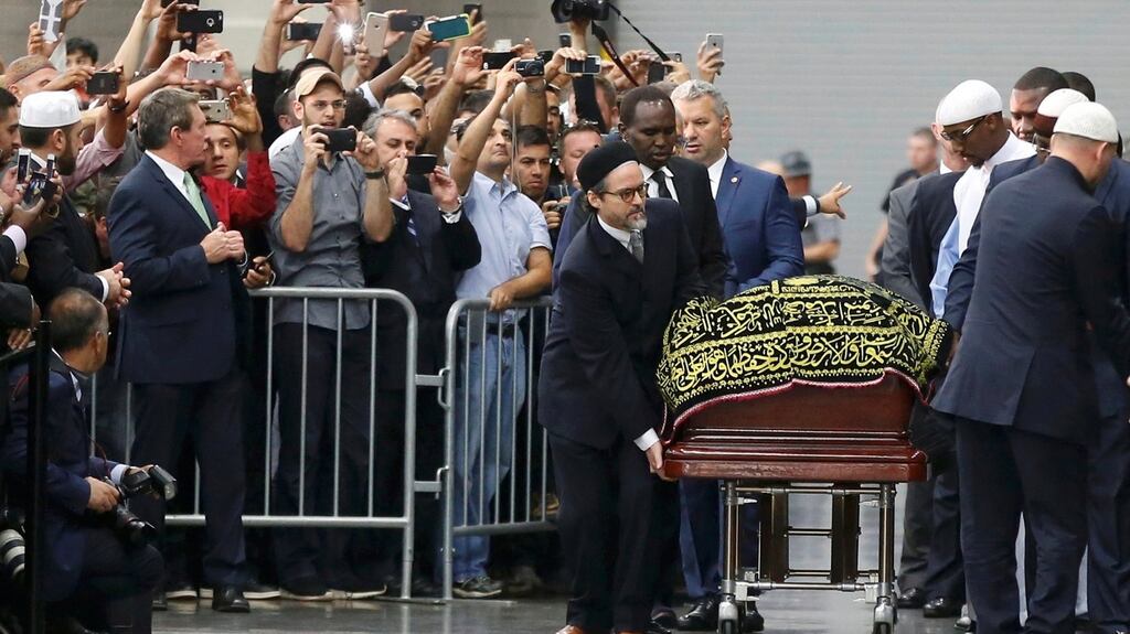 The coffin of late boxing champion Muhammad Ali arrives for a jenazah, an Islamic funeral prayer, in Louisville, Kentucky. Photograph: Lucy Nicholson/Reuters.