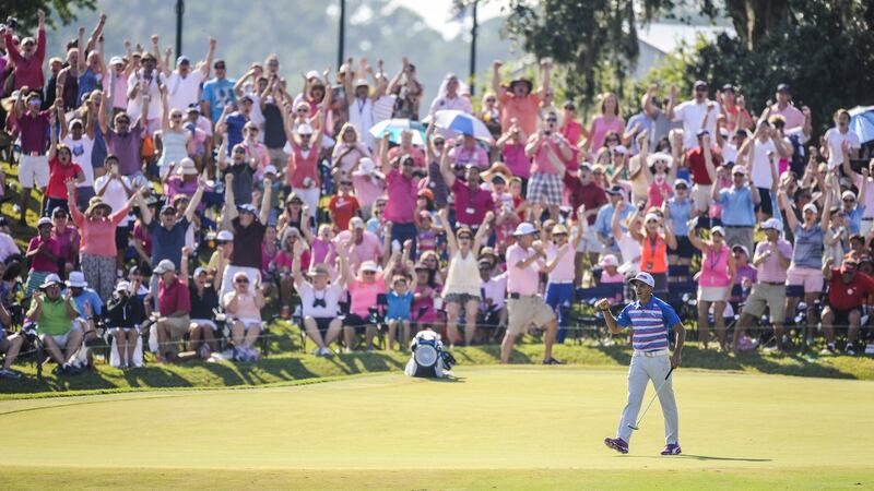 Rickie Fowler makes a closing birdie on the 18th hole during the final round at TPC Sawgrass in 2015. Photograph: Getty Images