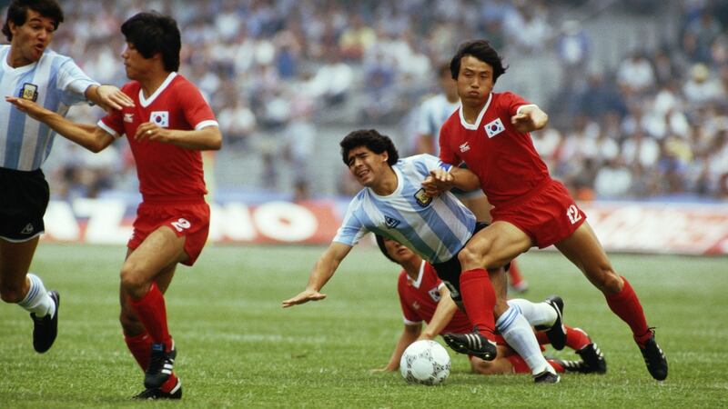 ‘He sent his whole team out to lay into me’: Argentina’s Diego Maradona is fouled by South Korea players during their meeting at the 1986 World Cup in Mexico. Photograph: David Cannon/Getty Images