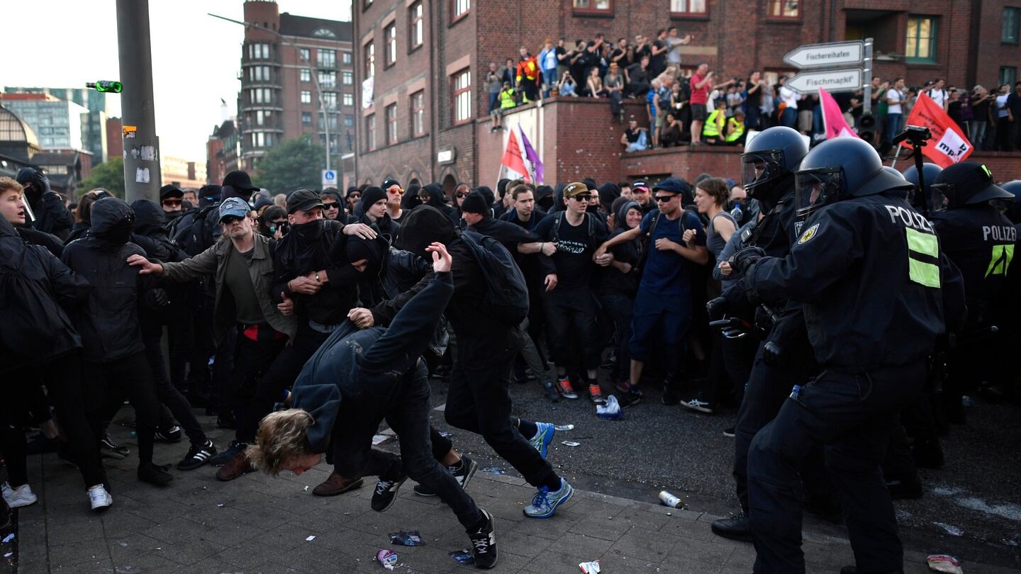 Police clash with protesters during a march ahead of the G20 summit in Hamburg, Germany. Photograph: Alexander Koerner/Getty Images