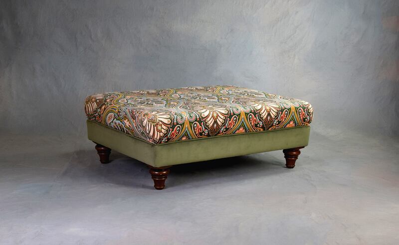 The Marlowe Ottoman from the Sofa factory adds a hint of luxury. This one is 100 x 65cm and is based on 2.4m of fabric at €40 per metre; it costs €549