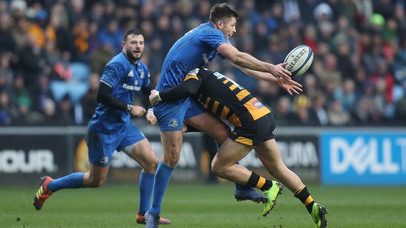 Leinster’s Ross Byrne is tackled by Wasps centre Michele Campagnaro. Photograph: David Davies/PA