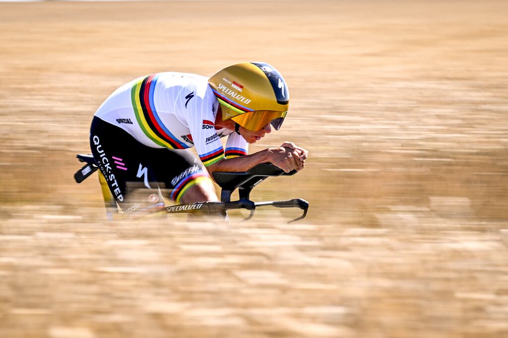 Belgian Remco Evenepoel of Soudal Quick-Step pictured in action during stage five of the 2025 Tour de France, a 33km time-trial in Caen. Photograph: Jasper Jacobs/Belga Mag/AFP via Getty Images