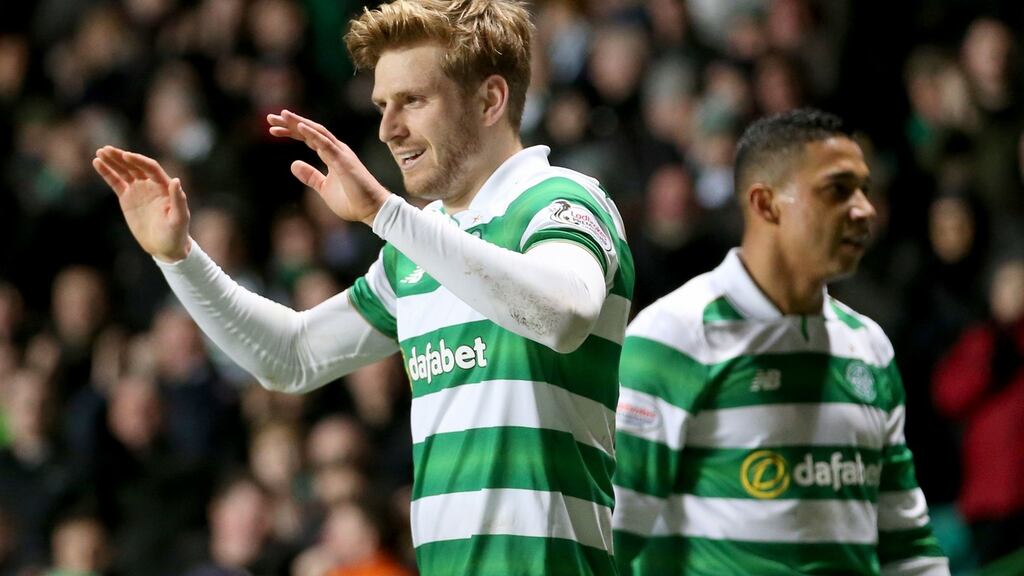 Celtic’s Stuart Armstrong celebrates scoring his side’s second goal during the Scottish Premiership match at Celtic Park, Glasgow. Photograph: Jane Barlow/PA
