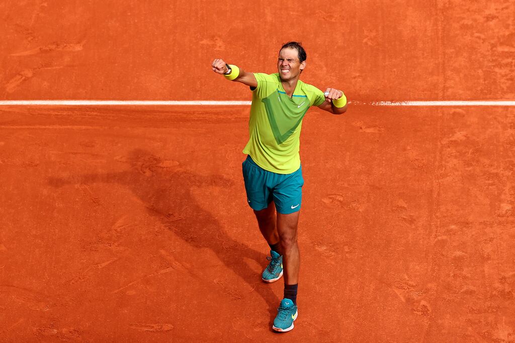 Rafael Nadal of Spain celebrates after beating Norway's Casper Ruud in the final of the French Open at Roland Garros in Paris. Photograph: Ryan Pierse/Getty Images