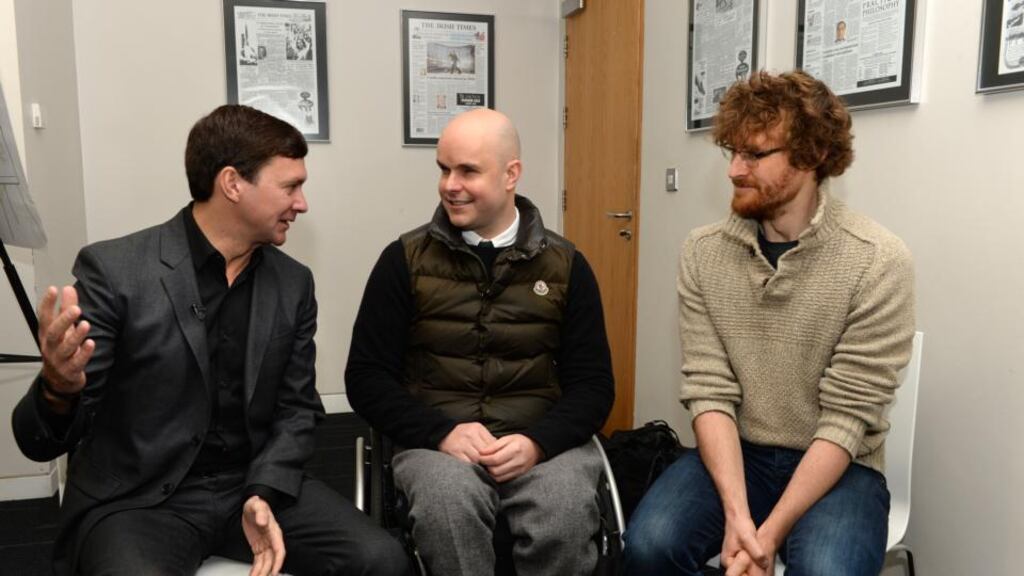 Attending the Be Your Best workshop in the Irish Times  were (from left): Angus Ridgway, Potentialife;  blind adventurer Mark Pollock, and Paddy Cosgrave, Web Summit founder.   Photograph: Dara Mac Dónaill/The Irish Times