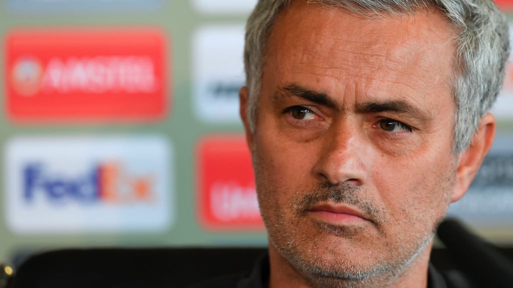 Manchester United’s manager Jose Mourinho during a press conference at the club’s training complex near Manchester. Photograph: Paul Ellis/AFP/Getty Images