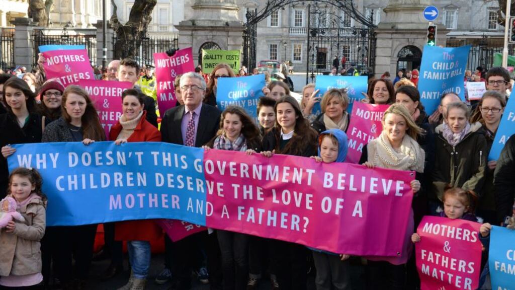 The group Mothers and Fathers Matter organised a photocall outside Leinster House yesterday as the Children and Family Relationships Bill 2015 was presented to Cabinet. Photograph: Eric Luke/The Irish Times