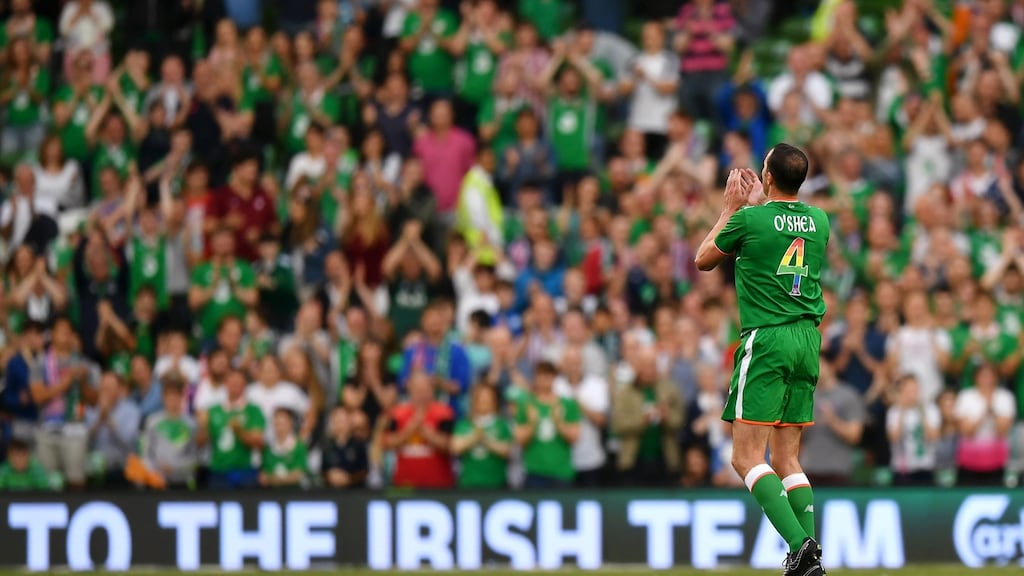John O’Shea of the Republic of Ireland applauds fans as he is substituted off for the final time during the international friendly between the Republic of Ireland and the United States at Aviva Stadium. Photo: Dan Mullan/Getty Images