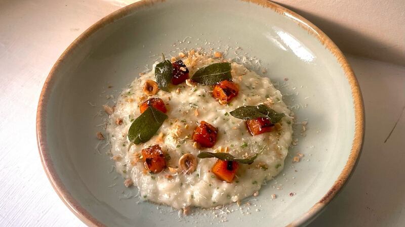 Hegarty’s cheese risotto with roast butternut squash, frazzled sage and toasted hazelnuts