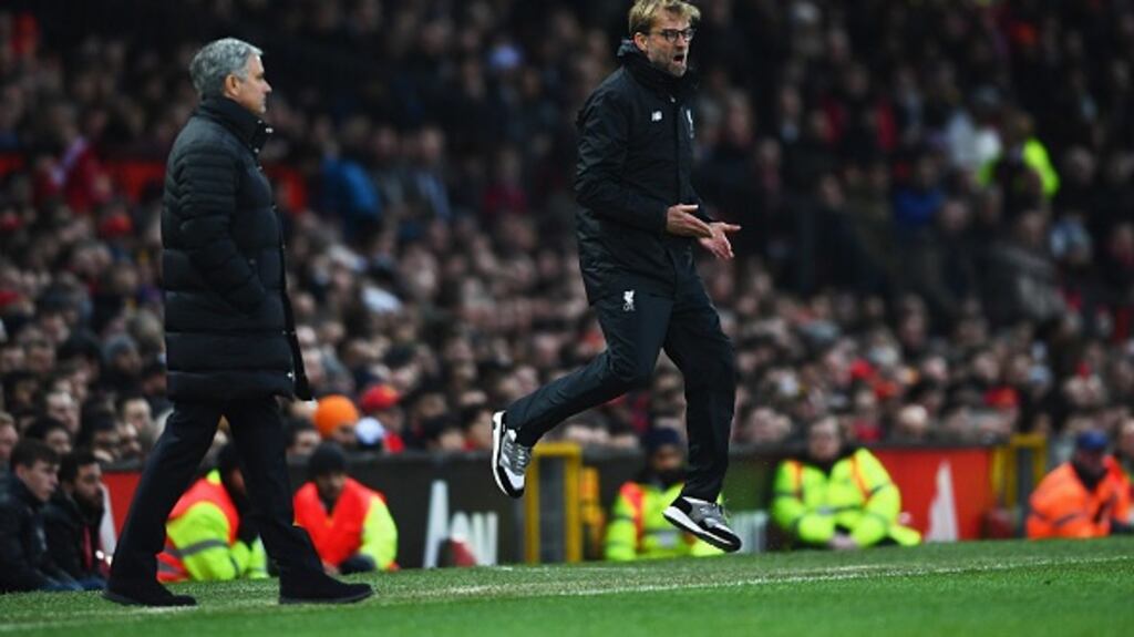 Jurgen Klopp and Jose Mourinho during last year’s fixture at Old Trafford. Photograph: Laurence Griffiths/Getty Images