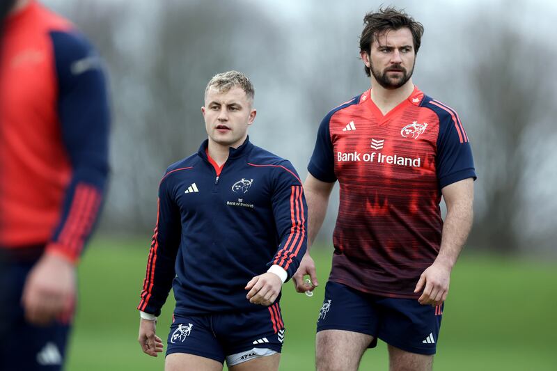 Craig Casey and captain Diarmuid Barron will be hoping to help Munster to a victory over their great rivals at Thomond Park. Photograph: Laszlo Geczo/Inpho