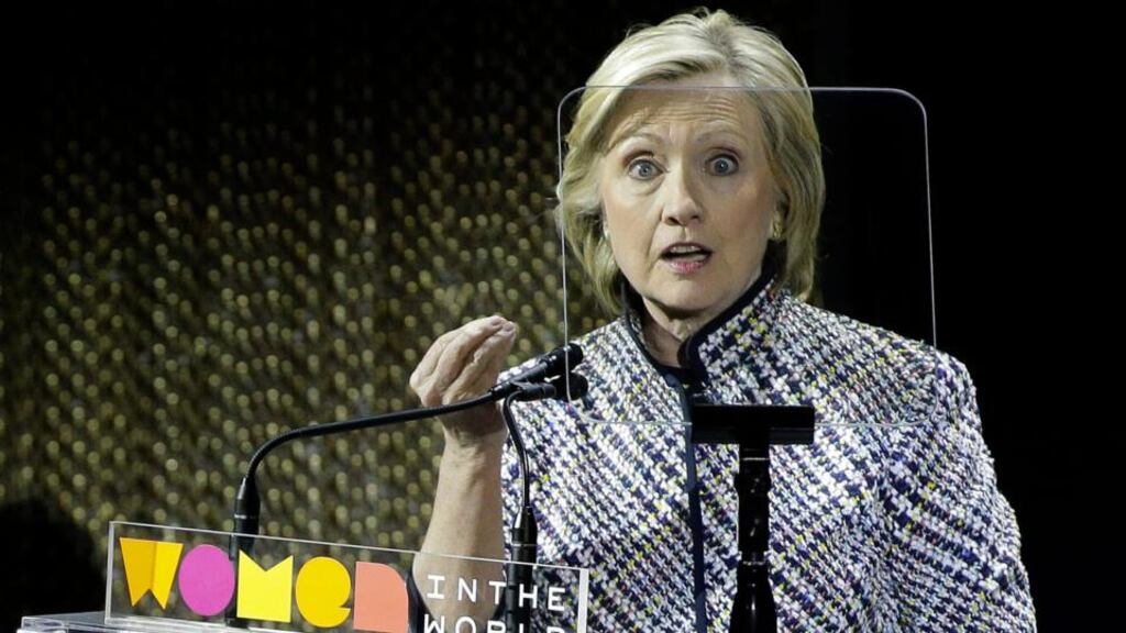 Hillary  Clinton speaks at the sixth annual Women in the World Summit in New York on  April 23. (AP Photo/Julie Jacobson)