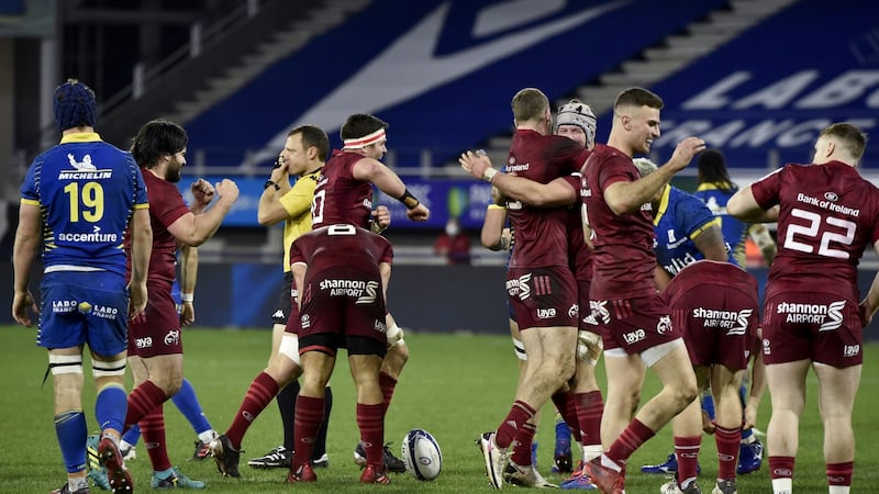 Munster players celebrate after beating Clermont in December. Photo: Thierry Zoccolan/AFP via Getty Images