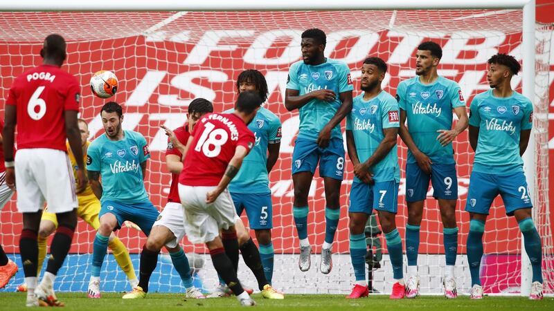 Bruno Fernandes scored Manchester United’s fifth goal against Bournemouth from a free-kick. Photograph: Clive Brunskill/EPA