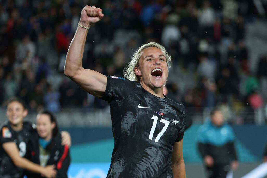 New Zealand goal scorer Hannah Wilkinson celebrates after the victory over Norway in the opening game of the Women's World Cup at Eden Park in Auckland. Photograph: Marty Melville/AFP via Getty Images