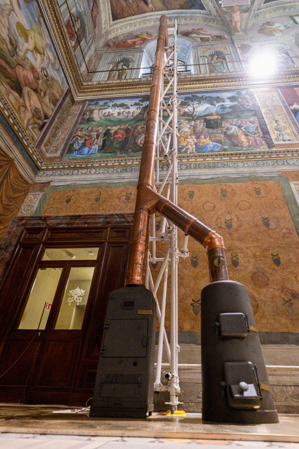 A temporary stove has been placed inside the Sistine Chapel for Wednesday's vote. Photograph: Vatican Media/AP