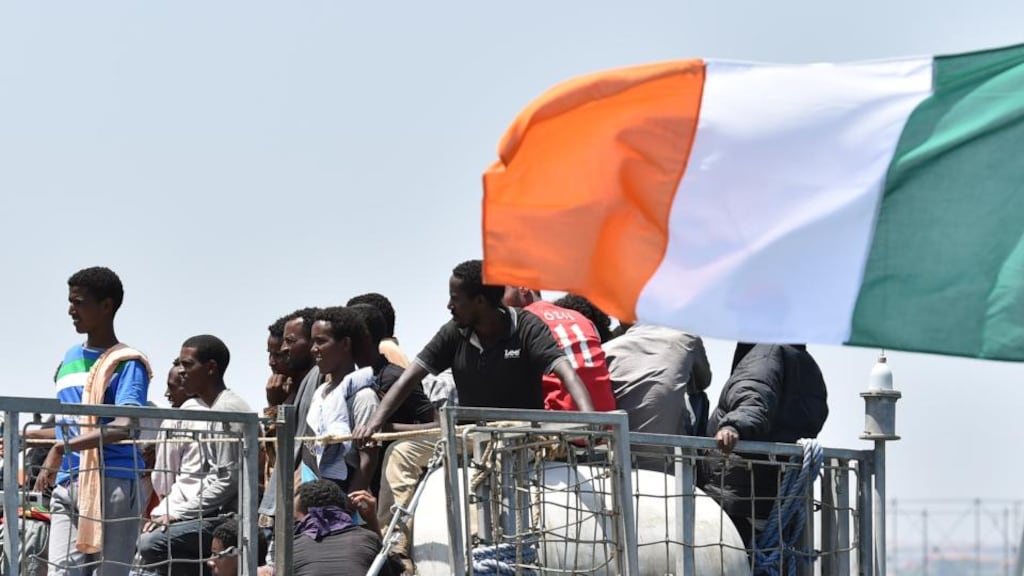 ‘There is rightly much pride in the life-saving work of the LÉ Eithne and its crew.’ Above, migrants wait to disembark from the Irish Naval ship LÉ Eithne at the Catania harbour, on June 16th, 2015. Photograph: AP Photo/Carmelo Imbesi