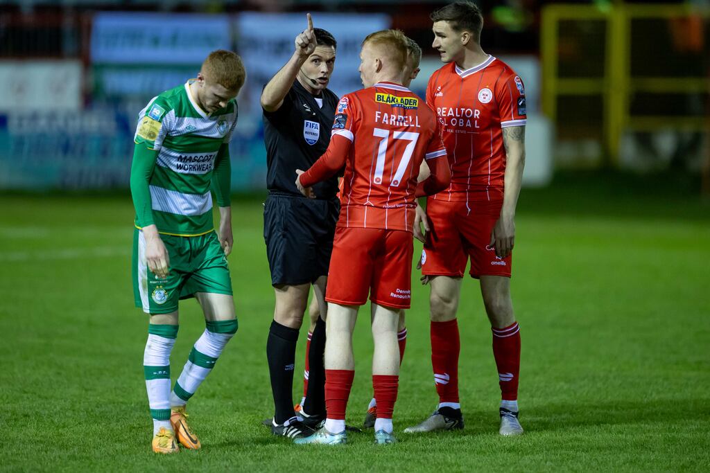 Shelbourne’s Shane Farrell is suspended after being sent off for a second yellow card by referee Rob Hennessey during the 0-0 draw against Shamrock Rovers at Tolka Park. Photograph: Morgan Treacy/Inpho