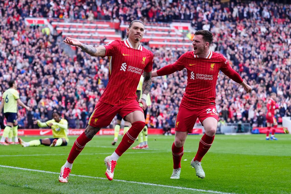 Liverpool's Darwin Núñez celebrates after scoring his side's first goal during the Premier League match against Southampton at Anfield. Photograph: Peter Byrne/PA Wire
