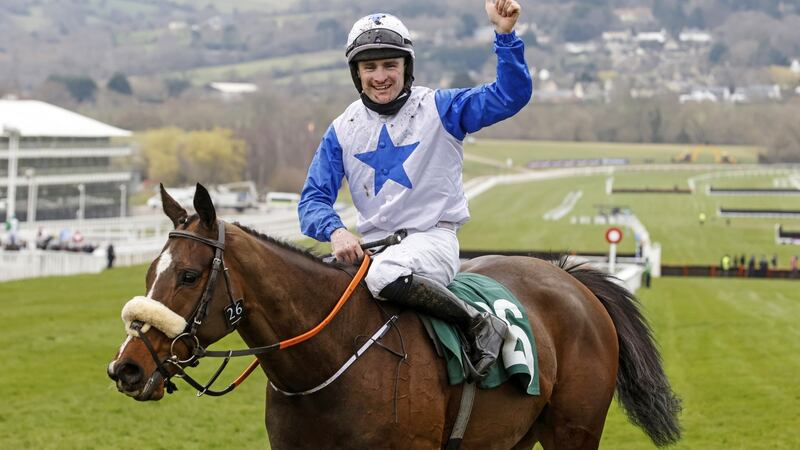 Kavin Sexton celebrates victory on Belfast Banter at Cheltenham. Photograph: Dan Abraham/Inpho