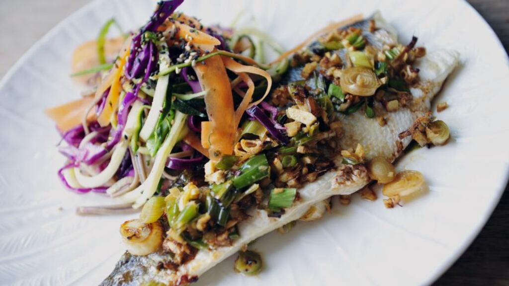 Domini Kemp Baked Seabass, ginger and spring onion with Soba noodle salad. Photograph: Aidan Crawley