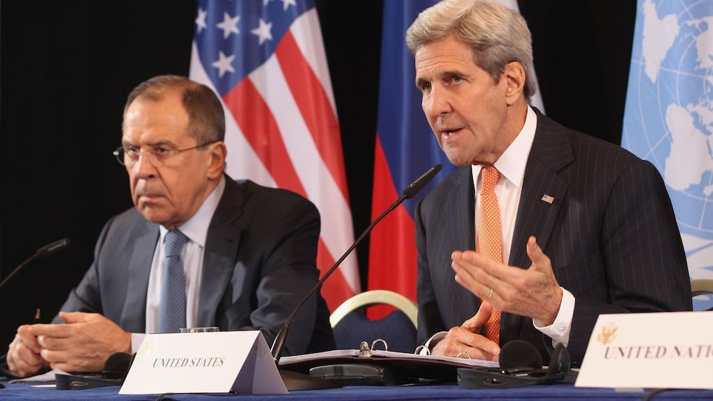 Russia’s foreign minister Sergei Lavrov and US secretary of state John Kerry  in Munich. Photograph: Alexandra Beier/Getty Images