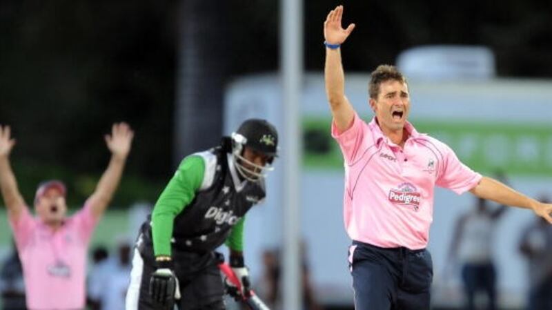 Tim Murtagh dismissed Chris Gayle during Middlesex’s clash with the Stanford Superstars. Photograph: Jewel Samad/Getty Images