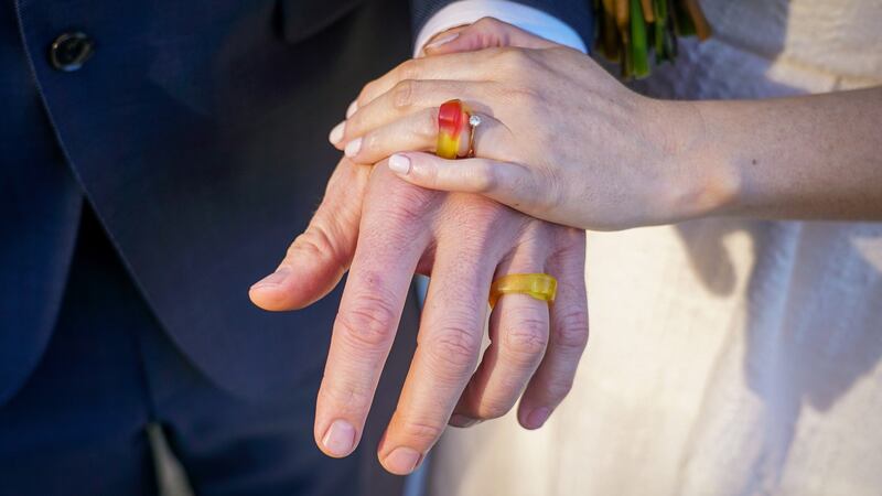 With no jewellers open Neil Ferguson and Marie Ryan bought jelly rings to use on the day. Photograph: Enda O’Dowd