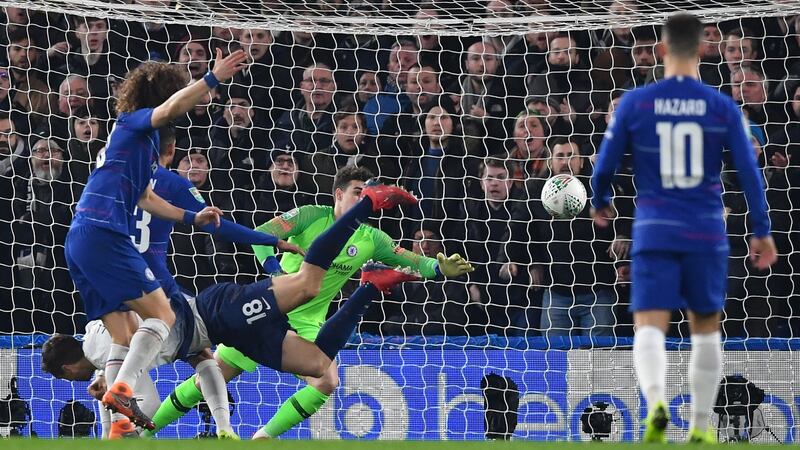 Llorente scores a header to make it 2-1 to Chelsea on the night and 2-2 on aggregate. Photo: Ben Stansall/Getty Images