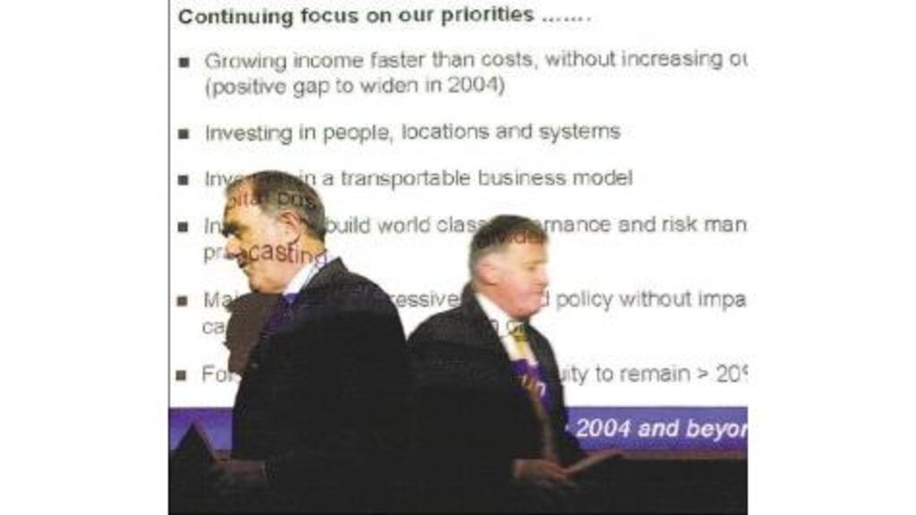 Mr Michael Buckley, group chief executive, and Mr Gary Kennedy, group director finance, at the presentation of AIB’s preliminary results for 2003.