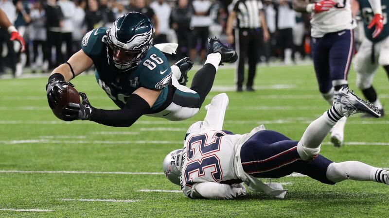 Eagles’ Zach Ertz scores a touchdown. Photo: Chris Wattie/Reuters