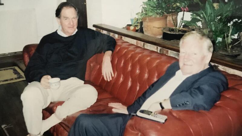 MI6 officer Michael Oatley (left) with Brendan Duddy in the room in Duddy’s house in Derry where the negotiations took place. Photograph: Courtesy Duddy family