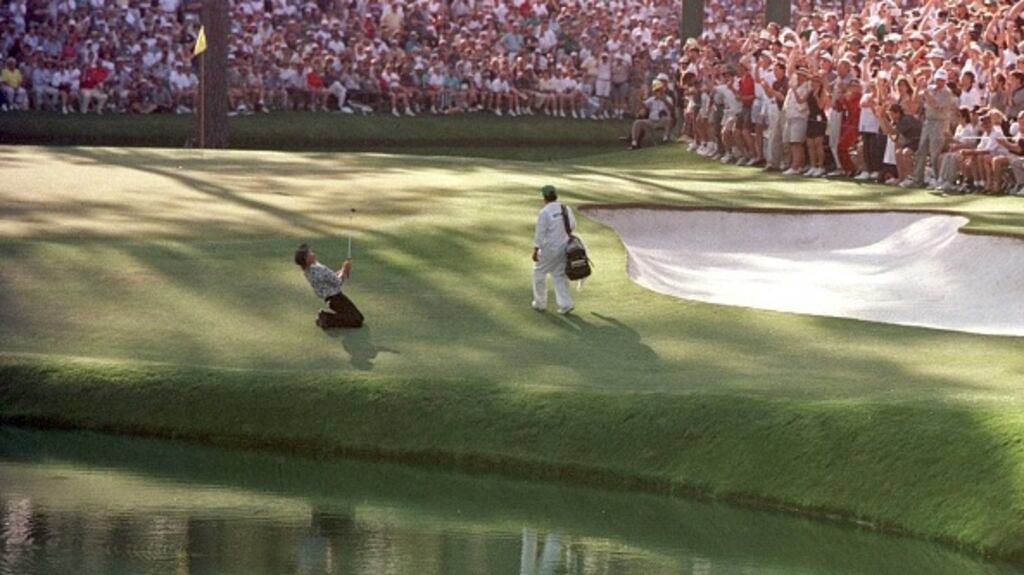 Greg Norman on the 15th green during the final round of the 1996 Masters at Augusta. Photograph: David Cannon/Getty Images