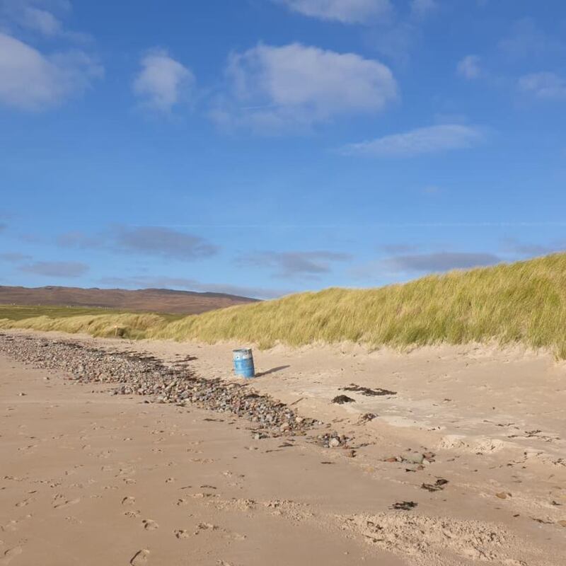 Washed up in Ireland: Found on Mulrany Beach, in Co Mayo, the recycling bin  travelled  5,700km from the US. Photograph: Keith McGreal
