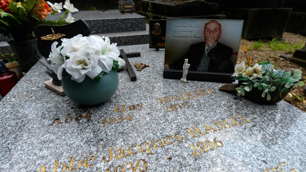 Fr Jacques Hamel’s grave: The priest was killed before the altar of his church in  Saint-Étienne-du-Rouvray, a small town south of Rouen. Photograph: Jean-Francois Monier/AFP