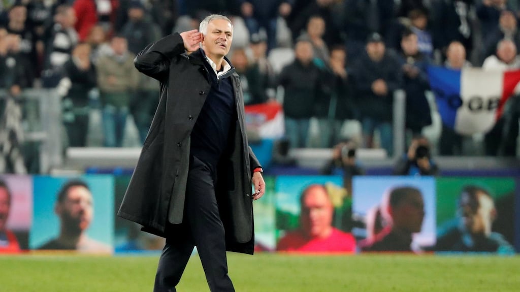 Manchester United manager José Mourinho gestures to Juventus fans after the Champions League win for United in Turin. Photo: Stefano Rellandini/Reuters