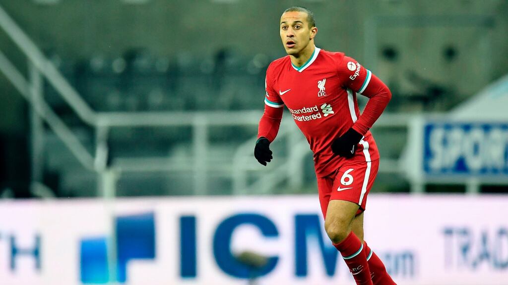 Liverpool midfielder Thiago Alcântara in action against Newcastle United  at St James’s Park in Newcastle-upon-Tyne, England. Photograph: Peter Powell/Pool/AFP via Getty Images