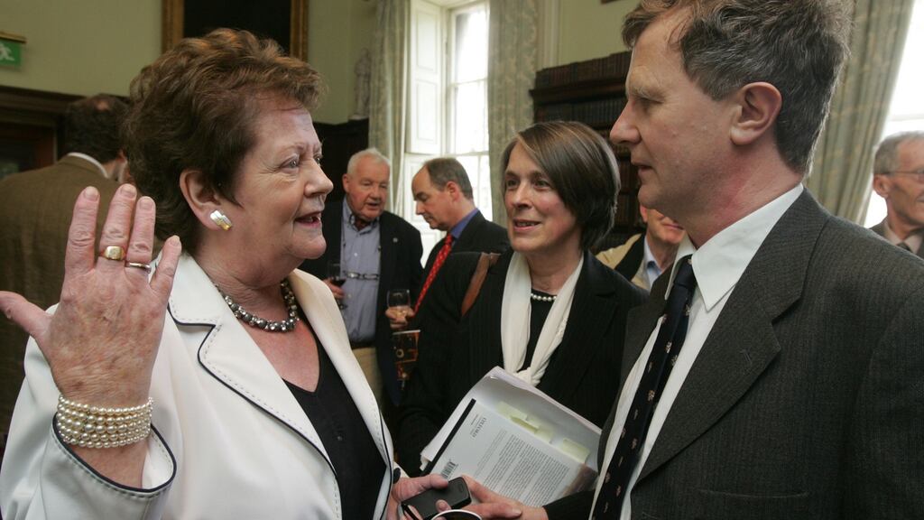 Prof Eunan O’Halpin, right, author of Spying in Ireland, with Mrs Justice Susan Denham (centre) and Mary O’Rourke, whose uncle Joseph Lenihan, codenamed Basket, is detailed in the book as being an MI5 double agent. Photograph: Alan Betson