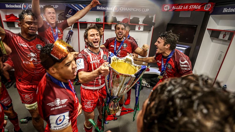 Toulouse’s players celebrate after winning the Champions Cup last year. Photo: Dan Sheridan/Inpho