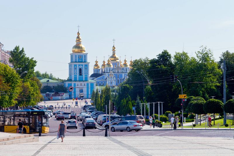 The Mikhailovskyi cathedral pictured from Sofiskyi square in Kyiv, 2012. Photograph: iStock