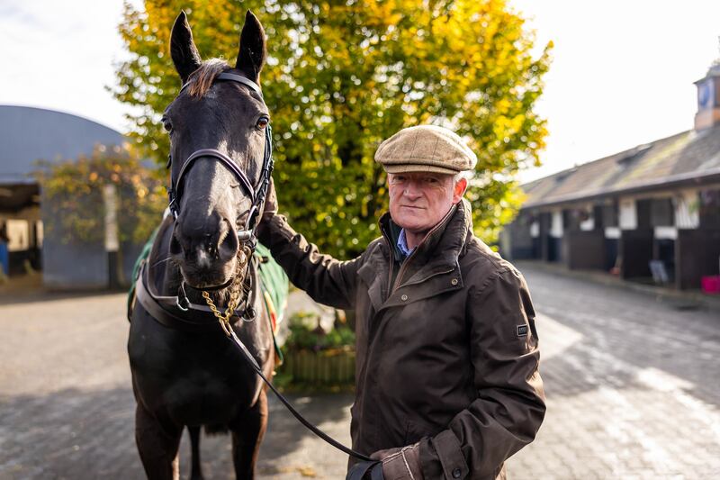 Trainer Willie Mullins with Gold Cup winner Galopin Des Champs at the launch of the National Hunt season. Photograph: Morgan Treacy/Inpho