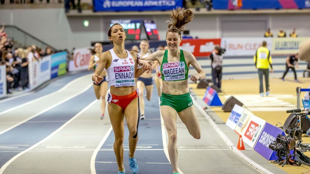 Ireland’s Ciara Mageean celebrates winning a bronze medal in the women’s 1,500m final in Glasgow. Photograph: Morgan Treacy/Inpho