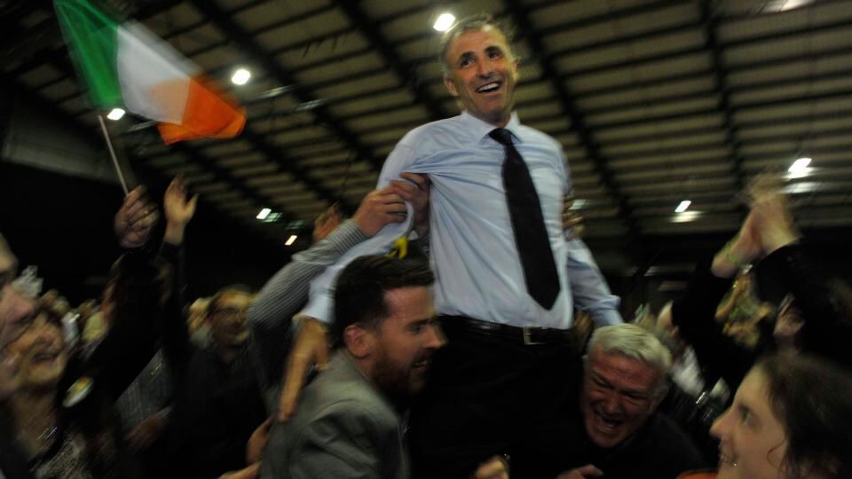 Sinn Féin’s Chris Andrews celebrating topping the polls in his Pembroke constituency. Photograph: Clodagh Kilcoyne